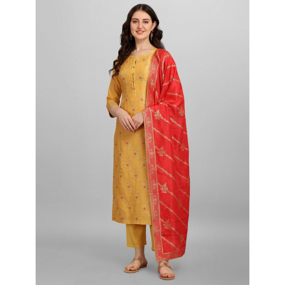 Seerat Butter Yellow Meena Jacquard Top with Jacquard Dupatta and Palazzo (Set of 3)