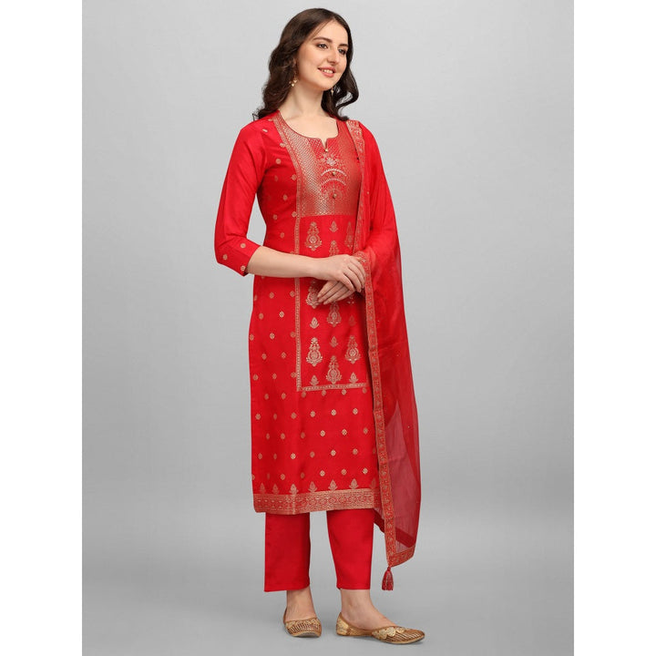 Seerat Red Panal Jacquard Top with Organza Dupatta and Palazzo (Set of 3)