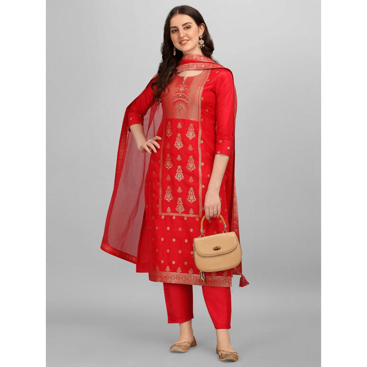 Seerat Red Panal Jacquard Top with Organza Dupatta and Palazzo (Set of 3)