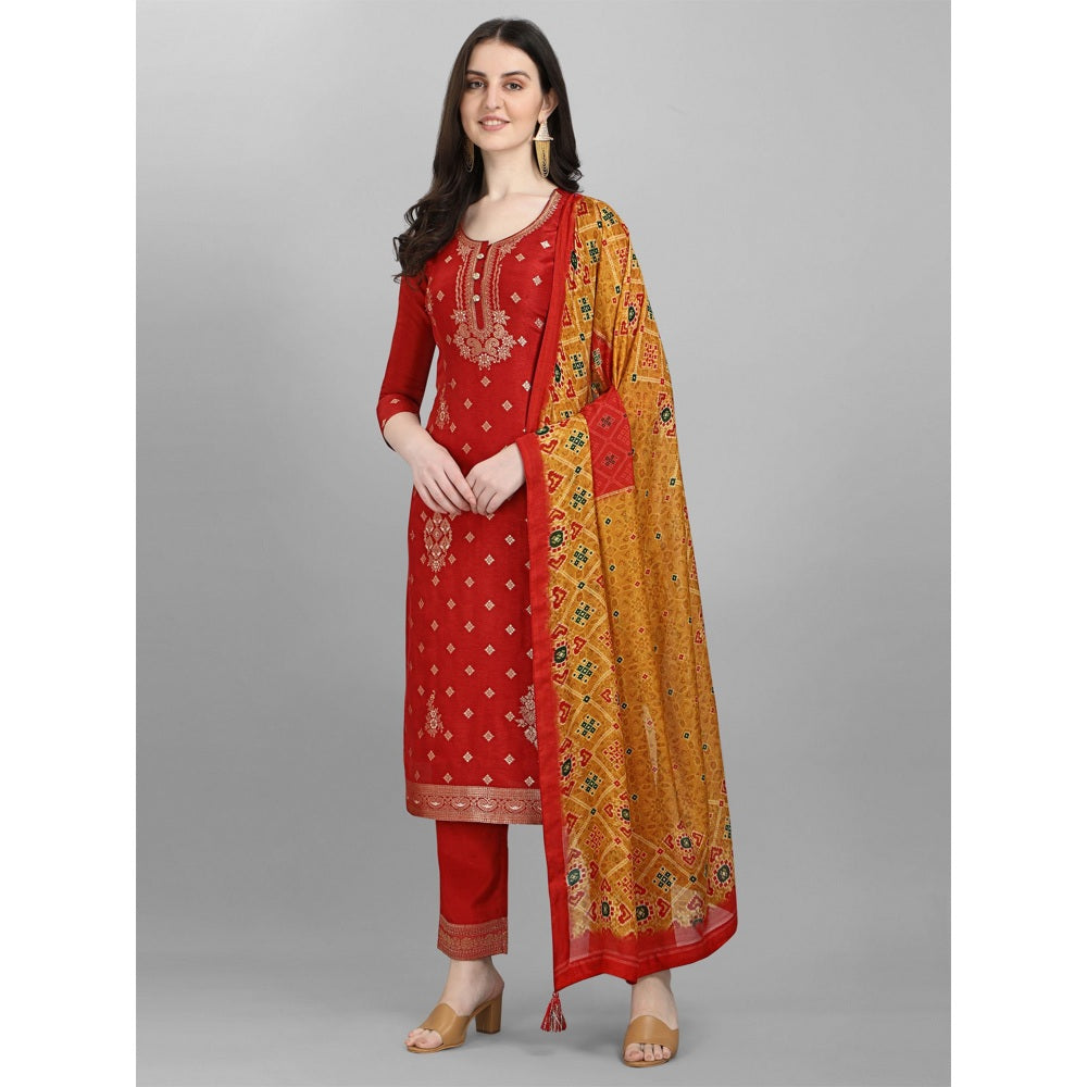 Seerat Rust placement jacquard top with patola printed maslin dupatta with palazzo( Set of 3)