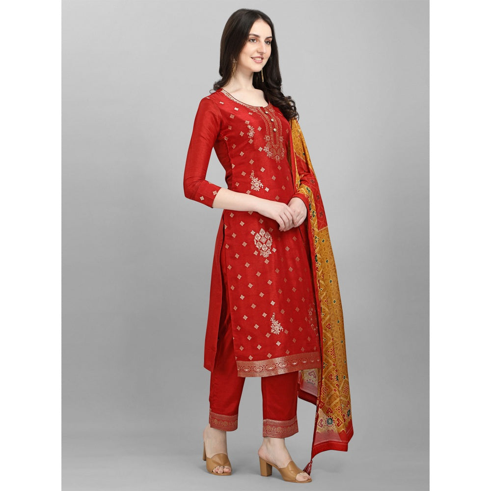 Seerat Rust placement jacquard top with patola printed maslin dupatta with palazzo( Set of 3)