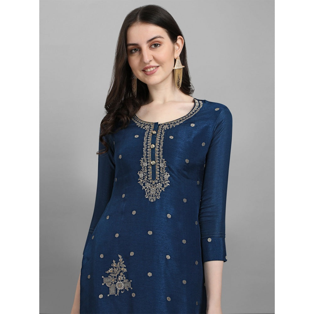 Seerat Blue placement jacquard top with patola printed maslin dupatta with palazzo( Set of 3)