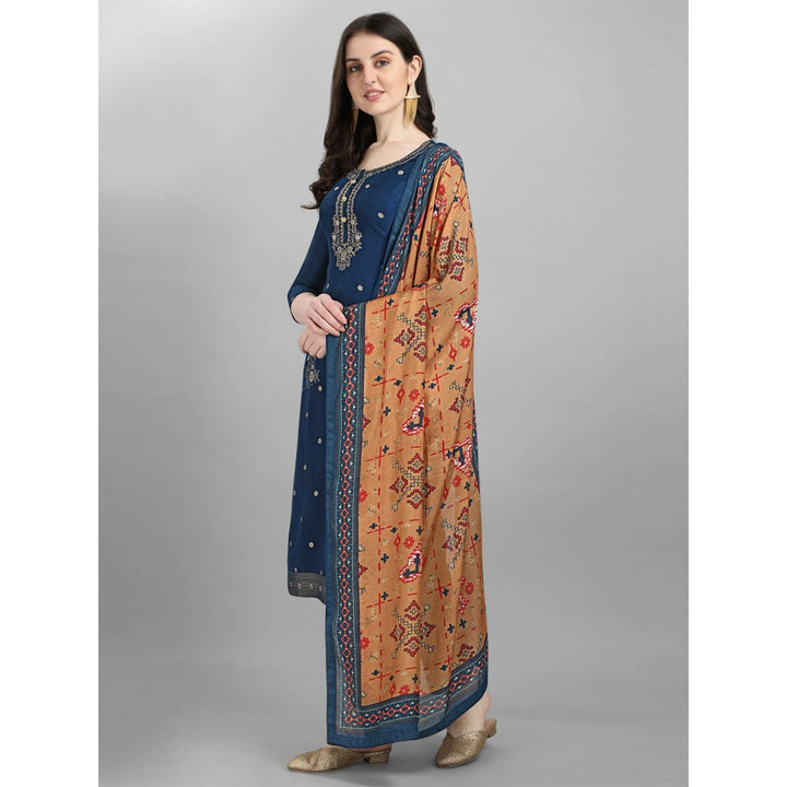 Seerat Blue placement jacquard top with patola printed maslin dupatta with palazzo( Set of 3)