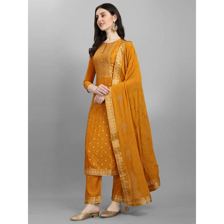 Seerat Mastard jacquard top with siquins work chinon dupatta with palazzo( Set of 3)
