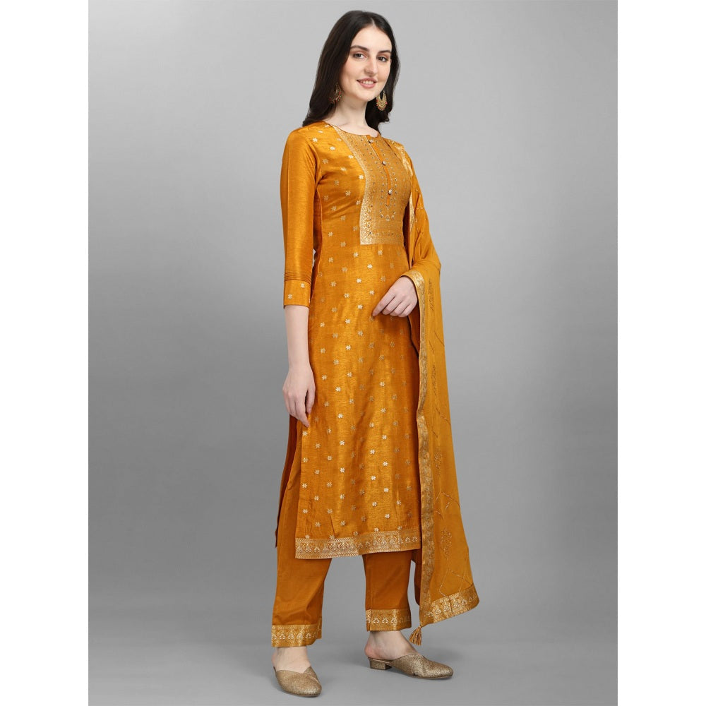 Seerat Mastard jacquard top with siquins work chinon dupatta with palazzo( Set of 3)