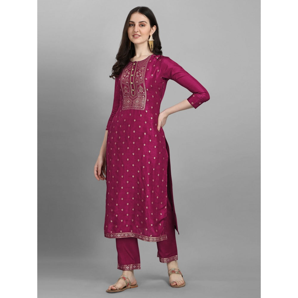 Seerat Wine jacquard top with siquins work chinon dupatta with palazzo( Set of 3)