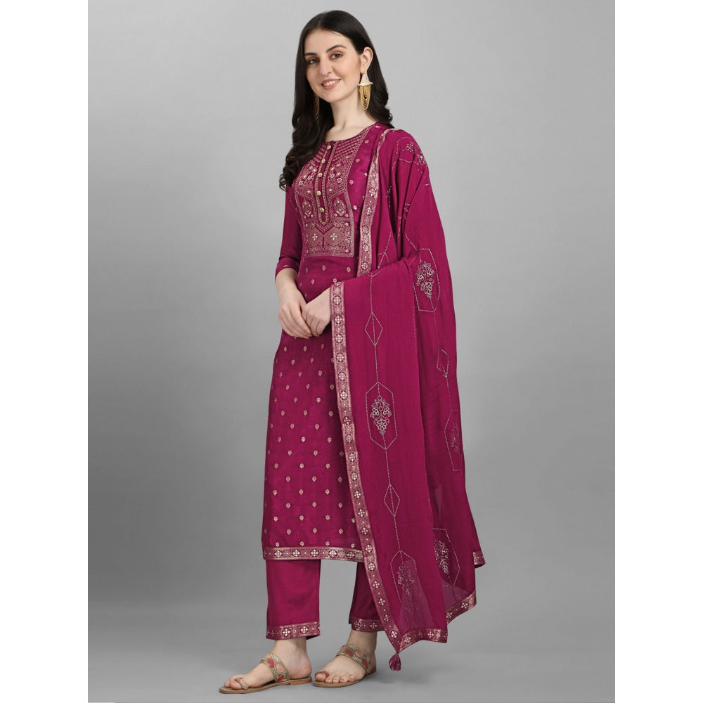 Seerat Wine jacquard top with siquins work chinon dupatta with palazzo( Set of 3)