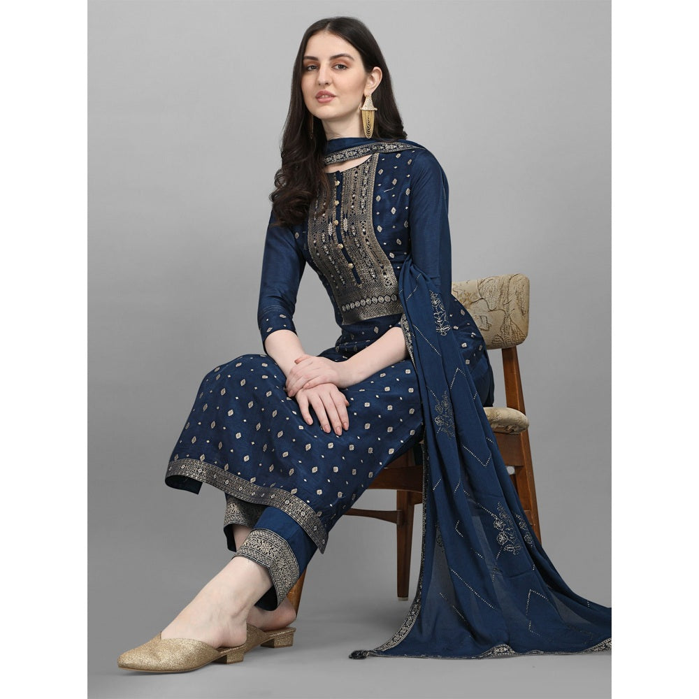 Seerat Blue jacquard top with siquins work chinon dupatta with palazzo( Set of 3)