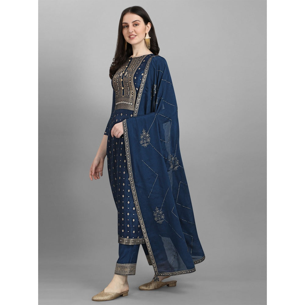 Seerat Blue jacquard top with siquins work chinon dupatta with palazzo( Set of 3)