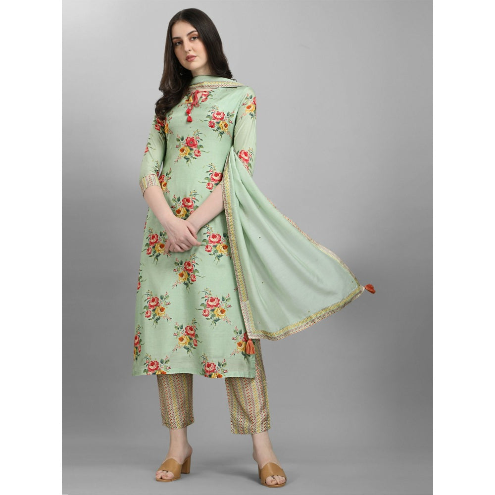 Seerat Pista Green Printed Kurta With Embroidery With Dupatta With Printed Palazzo (Set of 3)