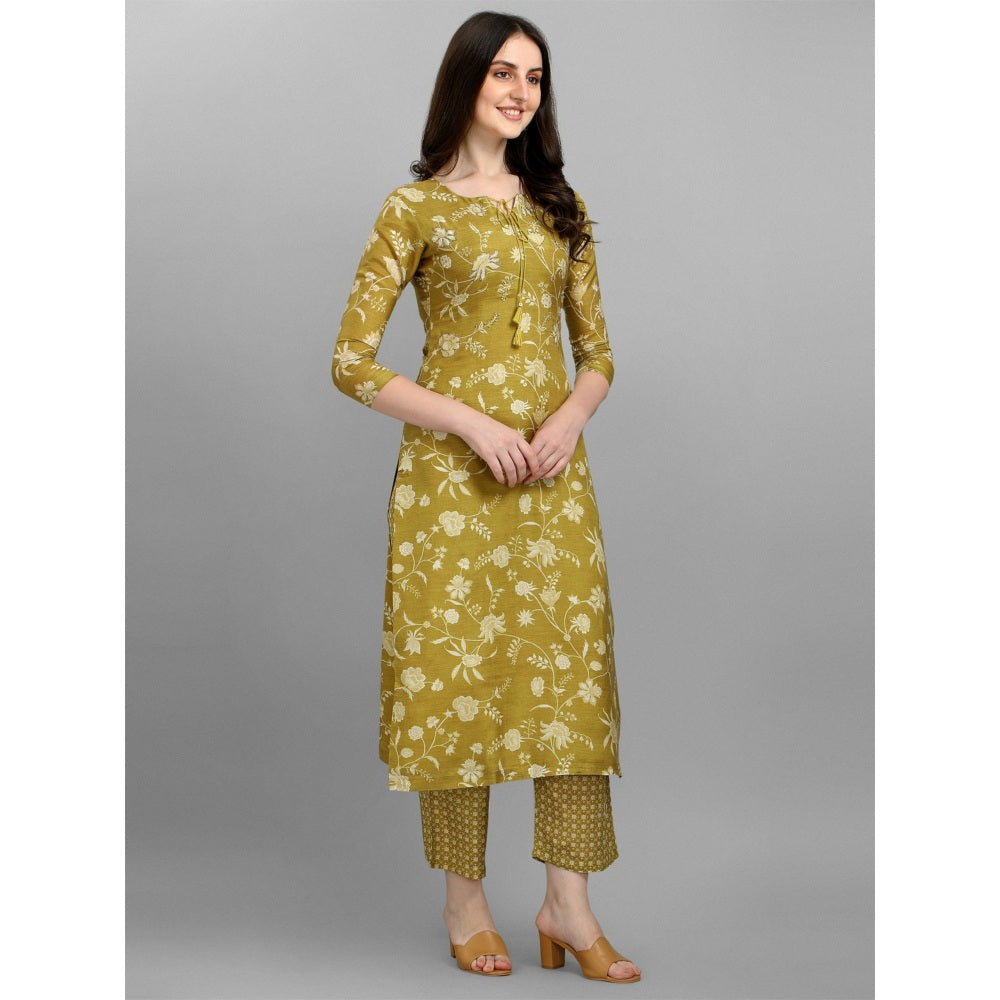 Seerat Olive Green Printed Kurta With Embroidery With Printed Palazzo (Set of 2)