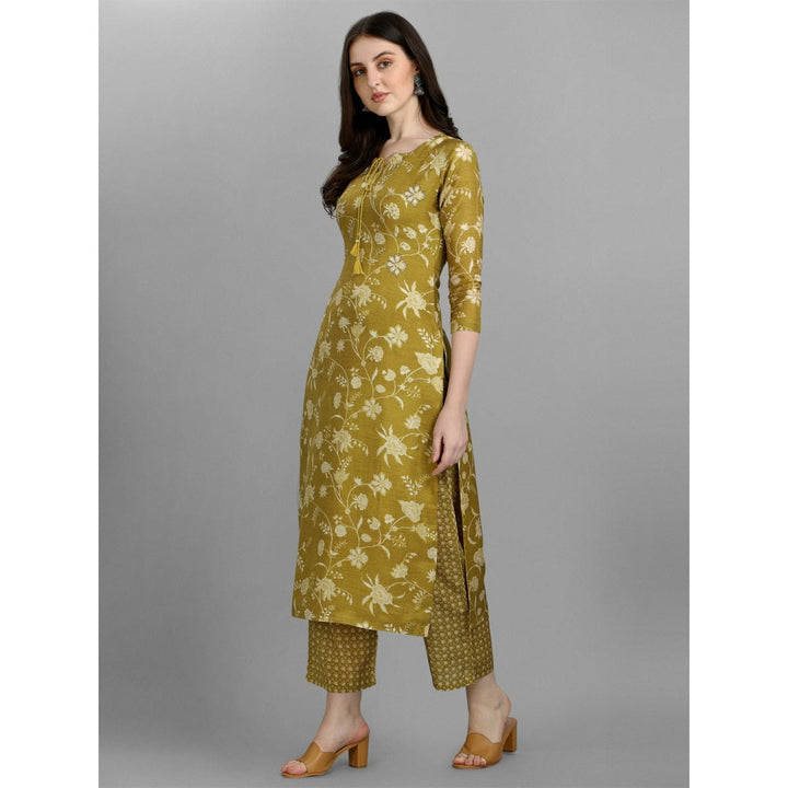 Seerat Olive Green Printed Kurta With Embroidery With Printed Palazzo (Set of 2)