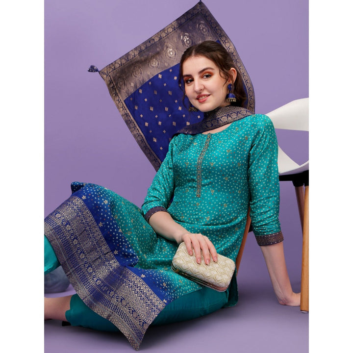 Seerat Rama Green Jacquard Digital Printed Top with Dupatta and Trousers (Set of 3)