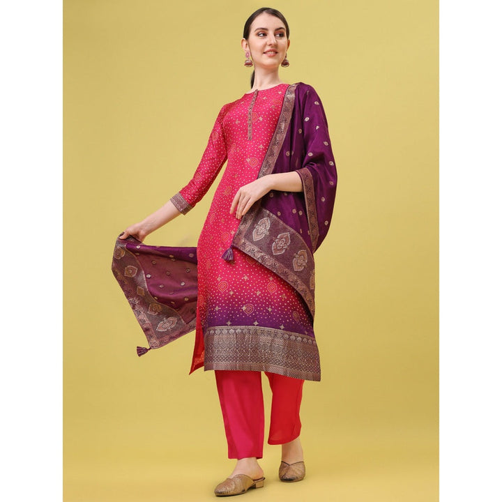 Seerat Rani Pink Jacquard Digital Printed Top with Dupatta and Trousers (Set of 3)