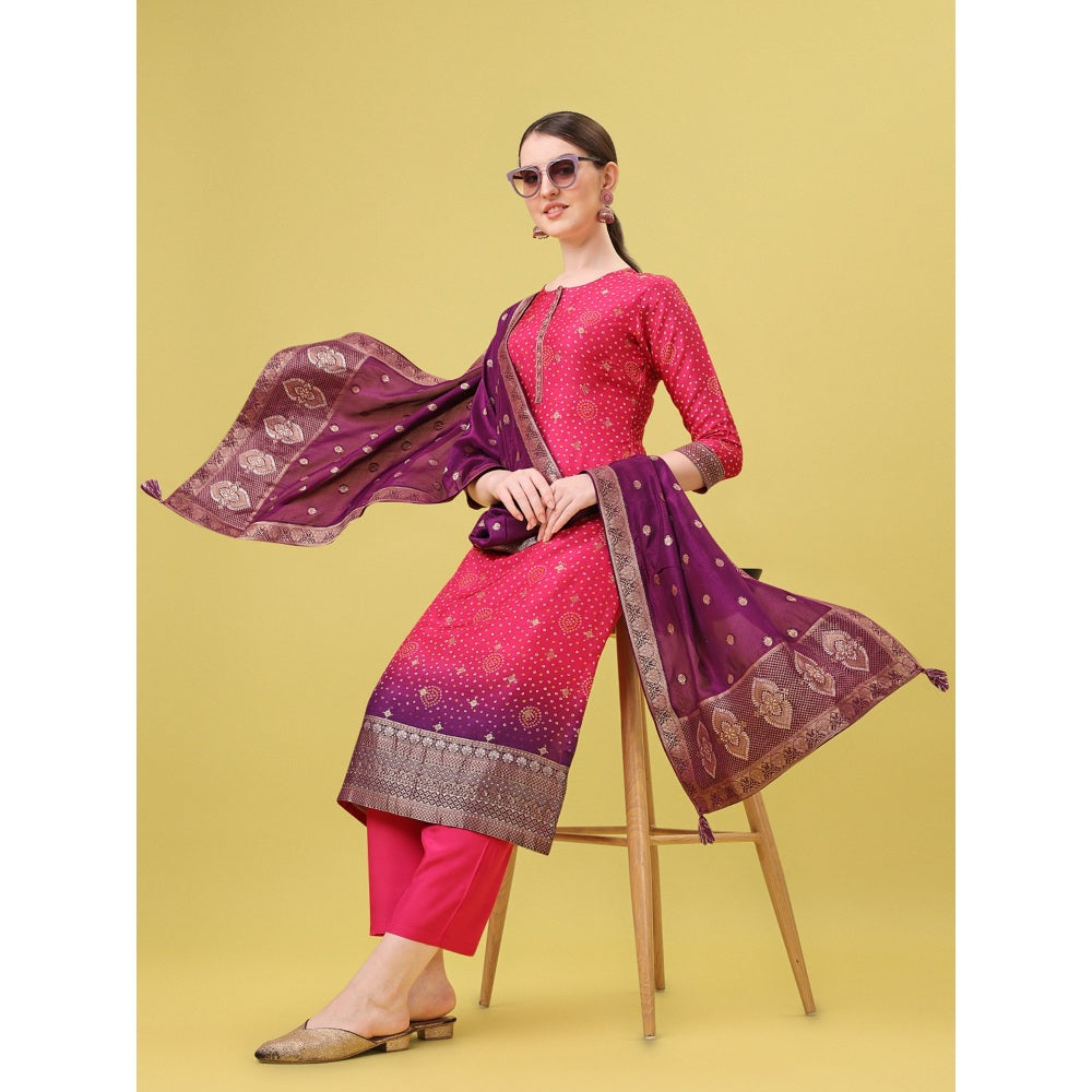 Seerat Rani Pink Jacquard Digital Printed Top with Dupatta and Trousers (Set of 3)