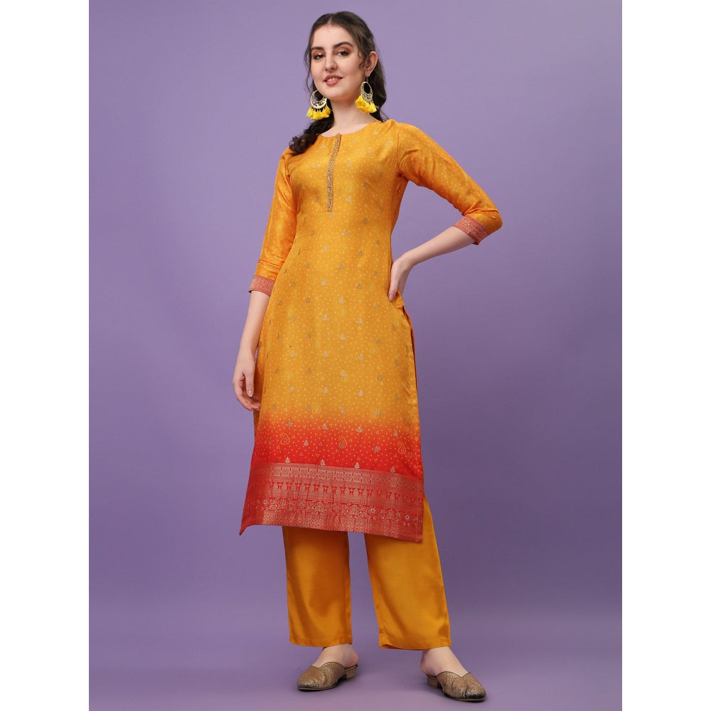 Seerat Yellow Jacquard Digital Printed Top with Dupatta and Trousers (Set of 3)