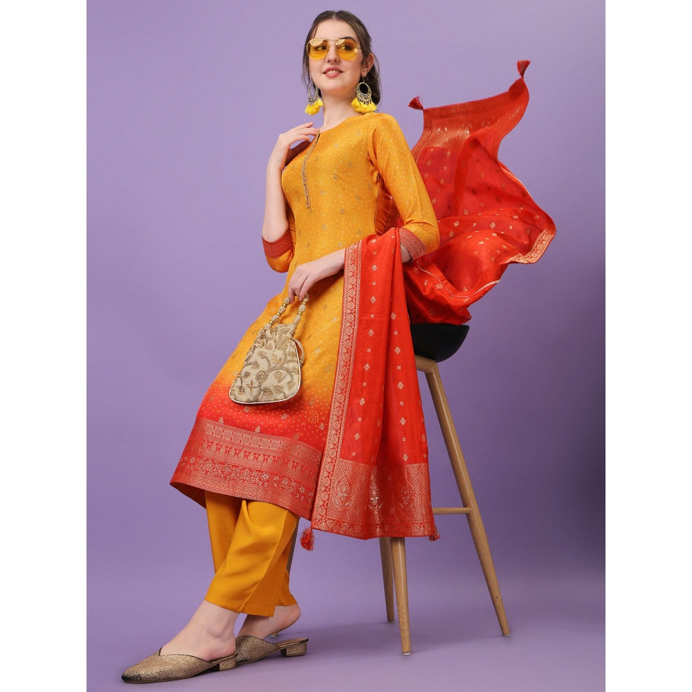 Seerat Yellow Jacquard Digital Printed Top with Dupatta and Trousers (Set of 3)