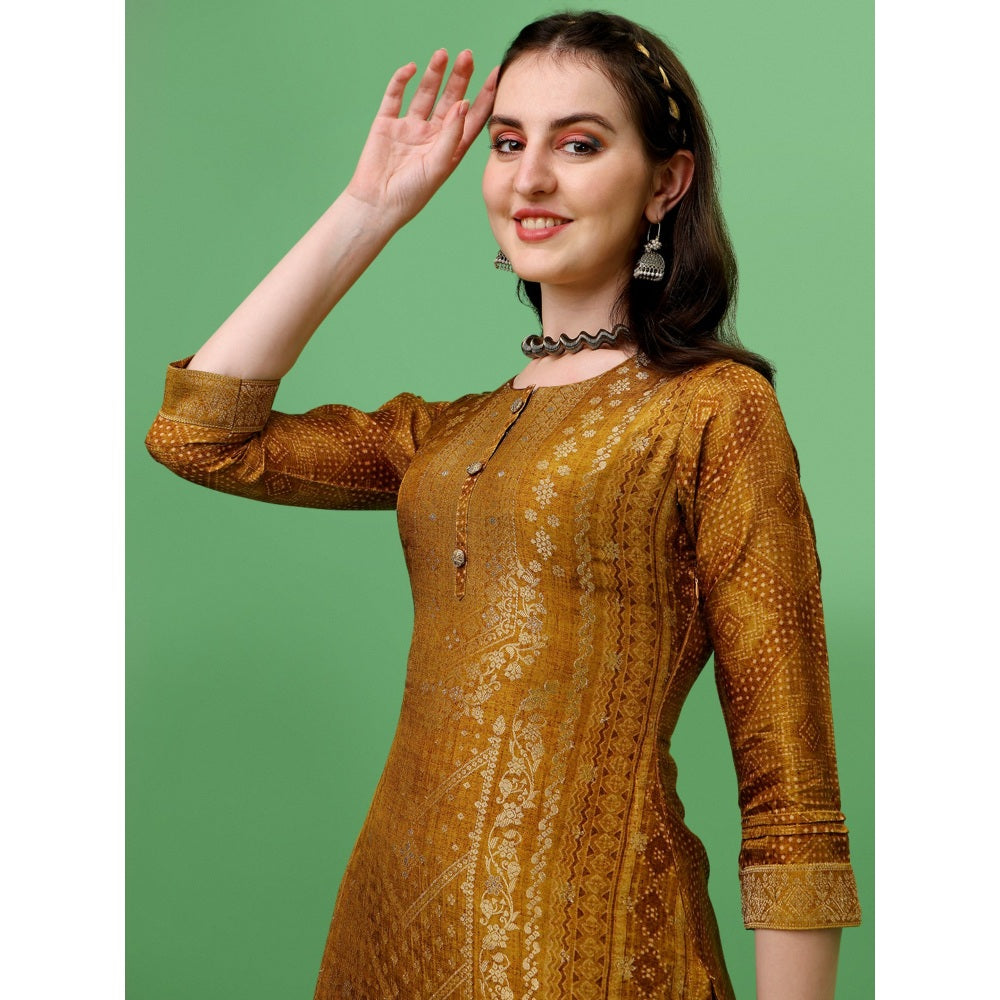 Seerat Mustard Jacquard Digital Panel Printed Top with Dupatta and Trousers (Set of 3)