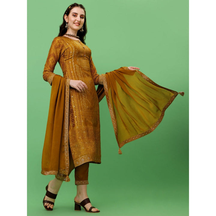 Seerat Mustard Jacquard Digital Panel Printed Top with Dupatta and Trousers (Set of 3)