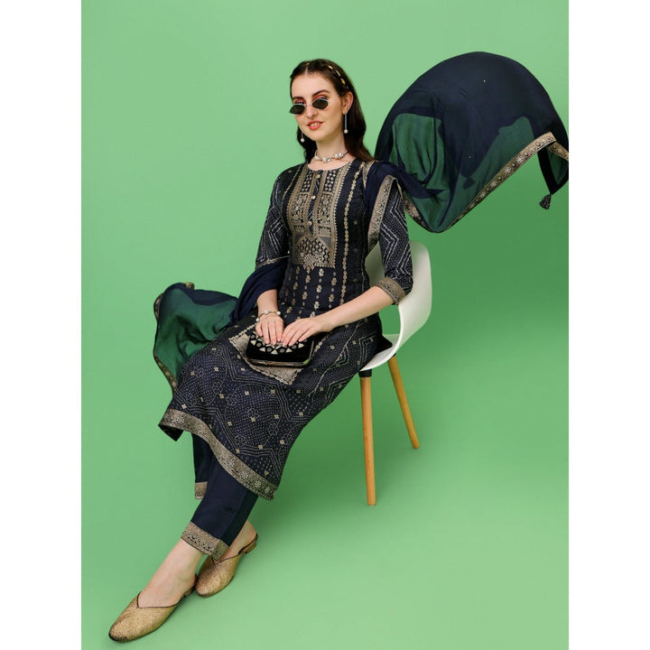Seerat Blue Jacquard Digital Panel Printed Top with Dupatta and Trousers (Set of 3)
