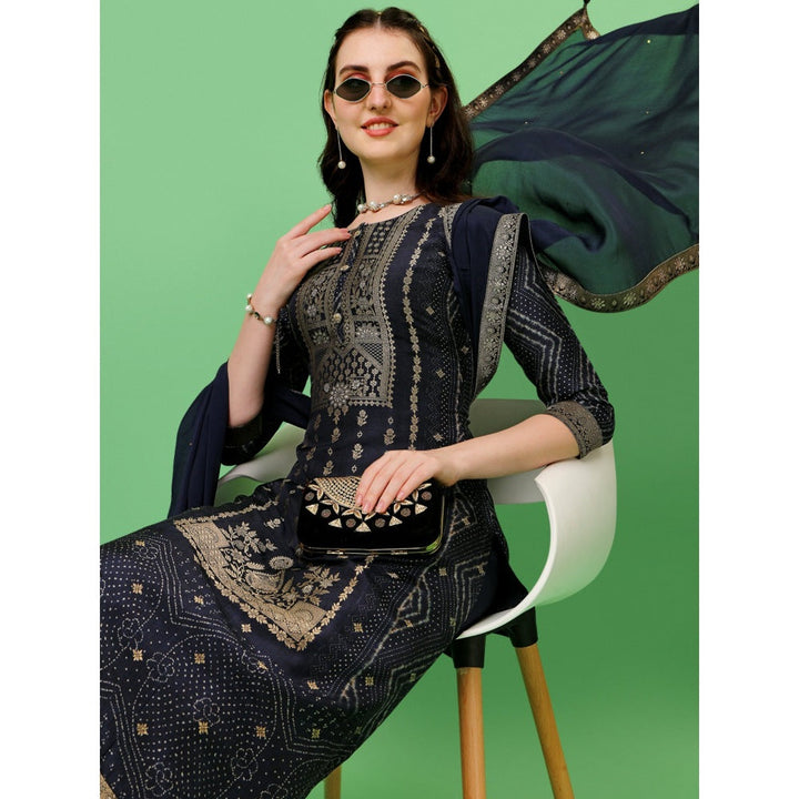 Seerat Blue Jacquard Digital Panel Printed Top with Dupatta and Trousers (Set of 3)