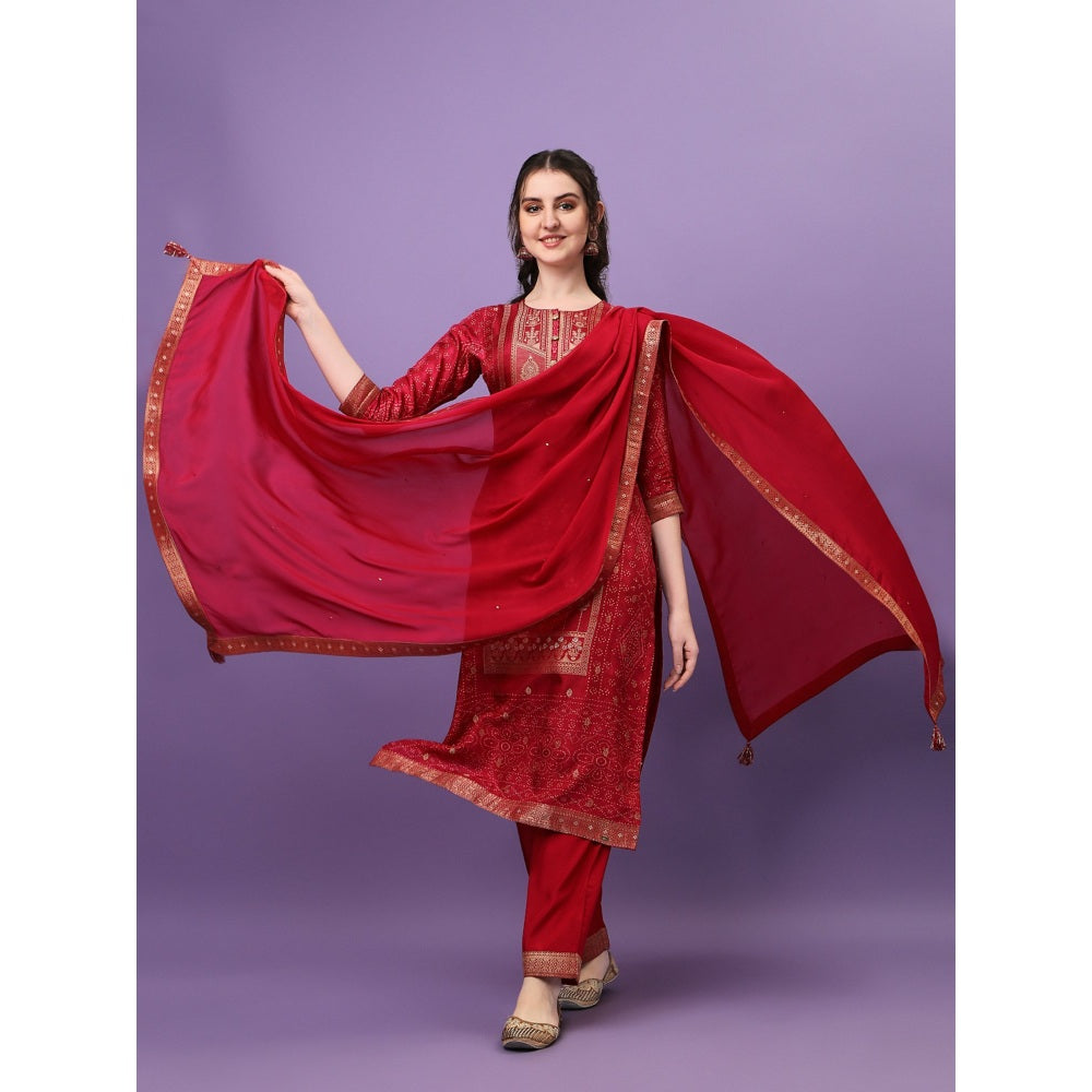 Seerat Red Jacquard Digital Panel Printed Top with Dupatta and Trousers (Set of 3)