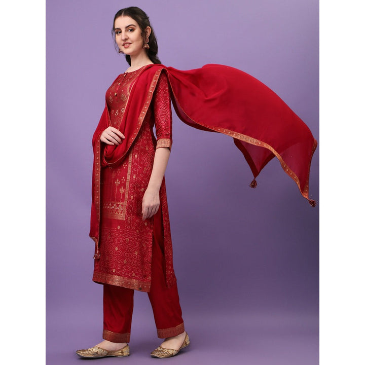 Seerat Red Jacquard Digital Panel Printed Top with Dupatta and Trousers (Set of 3)