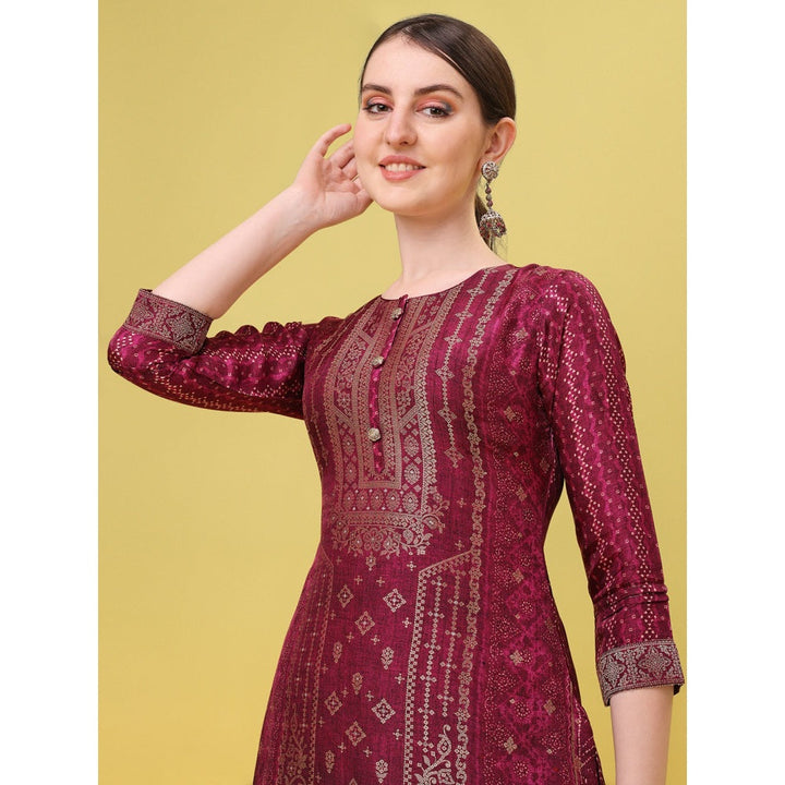 Seerat Wine Jacquard Digital Panel Printed Top with Dupatta and Trousers (Set of 3)