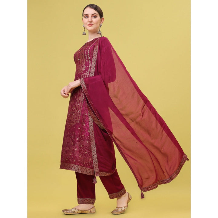 Seerat Wine Jacquard Digital Panel Printed Top with Dupatta and Trousers (Set of 3)
