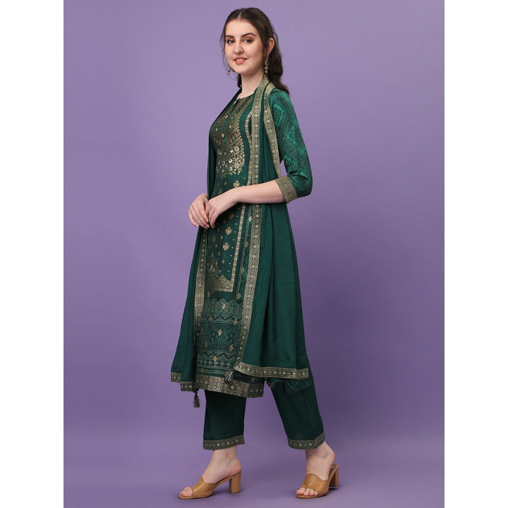 Seerat Green Jacquard Digital Panel Printed Top with Dupatta and Trousers (Set of 3)