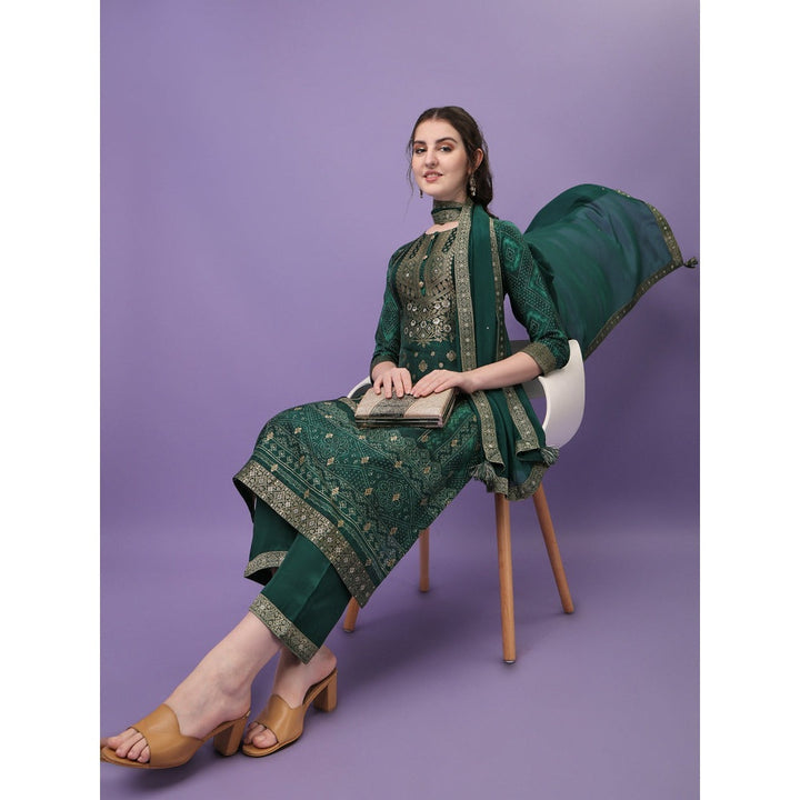 Seerat Green Jacquard Digital Panel Printed Top with Dupatta and Trousers (Set of 3)