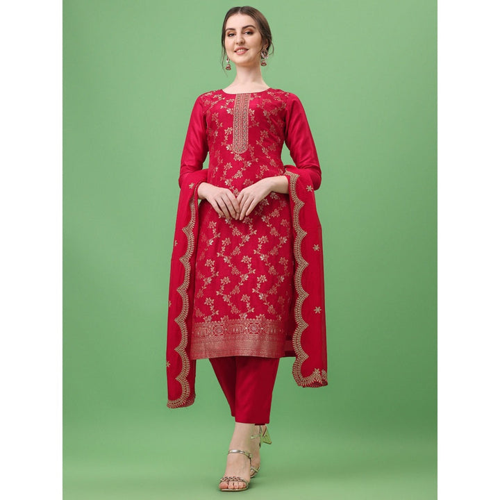 Seerat Red Jacquard Kurti with Scalping Dupatta and Trouser (Set of 3)