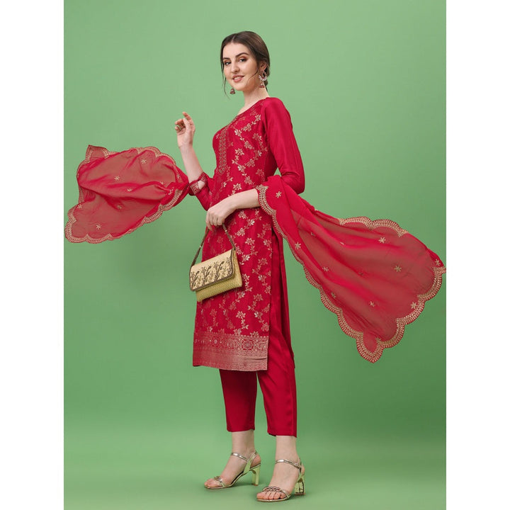 Seerat Red Jacquard Kurti with Scalping Dupatta and Trouser (Set of 3)