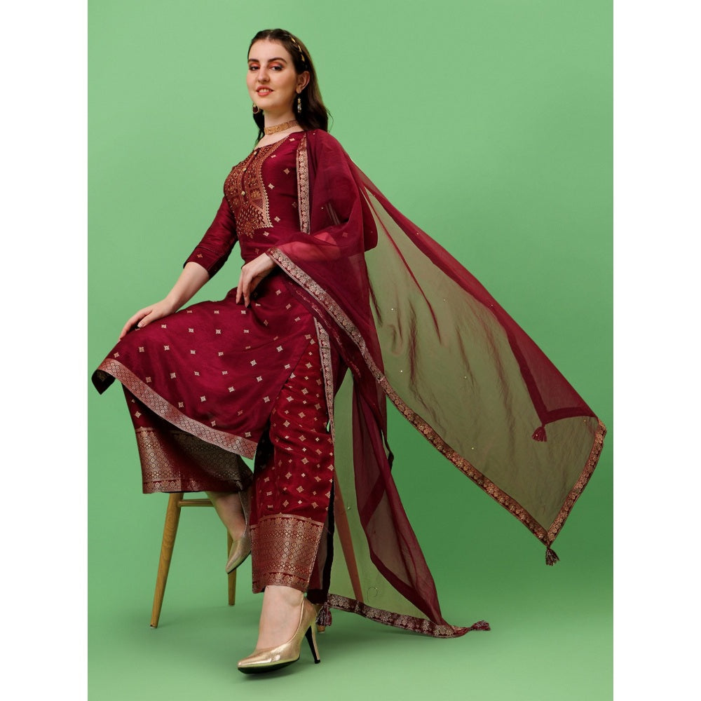 Seerat Wine Jacquard Top with Organza Dupatta and Embellished/Sequined Sharara (Set of 3)