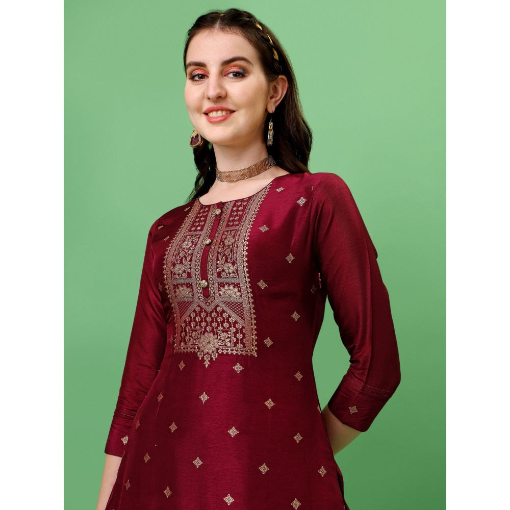 Seerat Wine Jacquard Top with Organza Dupatta and Embellished/Sequined Sharara (Set of 3)
