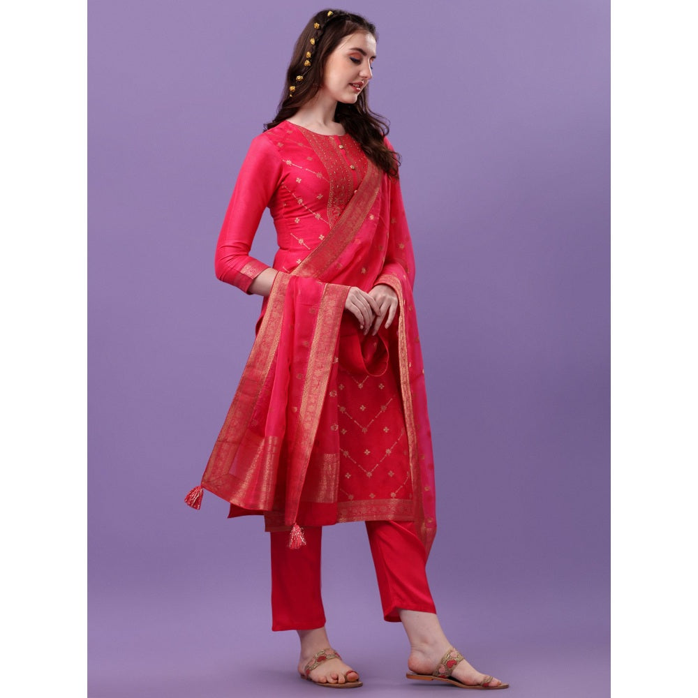 Seerat Pink Jacquard Top with Organza Jacquard Dupatta and Trousers (Set of 3)