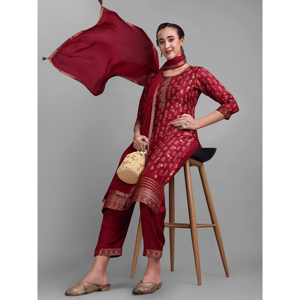 Seerat Maroon Burgundy Printed Jacquard Straight Kurta With Trousers And Dupatta (Set of 3)