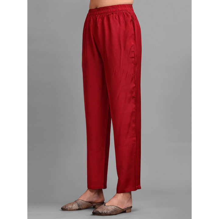 Seerat Red Woven Silk Straight Kurta with Trousers & Dupatta (Set of 3)
