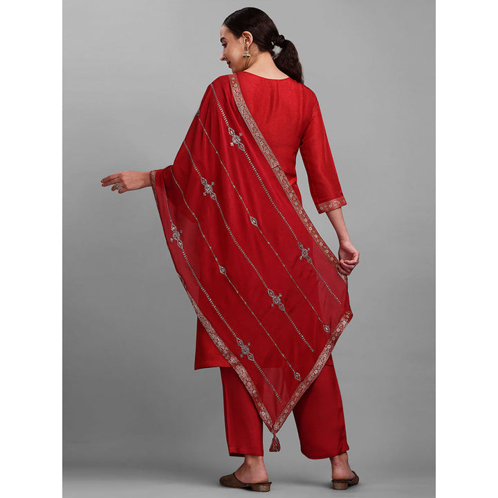Seerat Red Woven Silk Straight Kurta with Trousers & Dupatta (Set of 3)