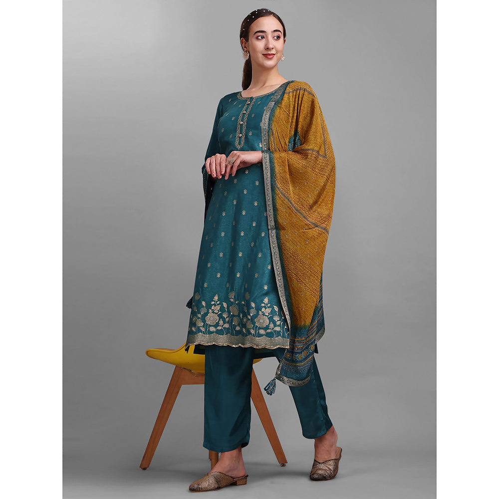 Seerat Rama Turquoise Woven Silk Straight Kurta with Trousers & Printed Dupatta (Set of 3)