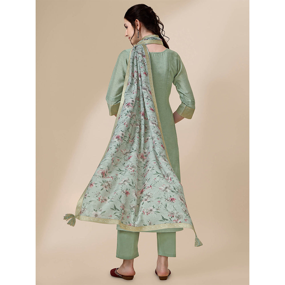 Seerat Green Linen Jacquard Straight Kurta with Trousers and Linen Printed Dupatta (Set of 3)