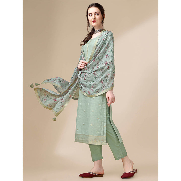 Seerat Green Linen Jacquard Straight Kurta with Trousers and Linen Printed Dupatta (Set of 3)