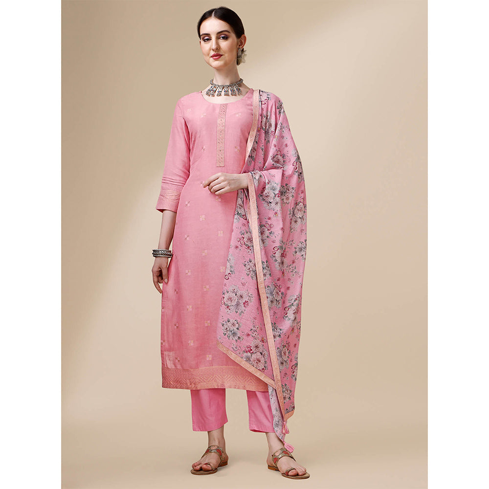 Seerat Light Pink Linen Jacquard Kurta with Trousers and Linen Printed Dupatta (Set of 3)