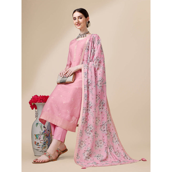 Seerat Light Pink Linen Jacquard Kurta with Trousers and Linen Printed Dupatta (Set of 3)