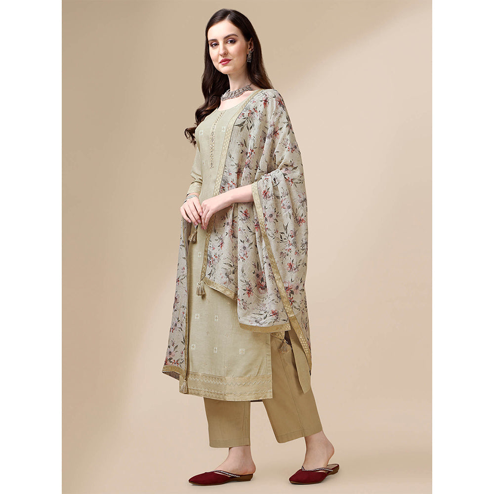 Seerat Olive Linen Jacquard Straight Kurta with Trousers and Linen Printed Dupatta (Set of 3)