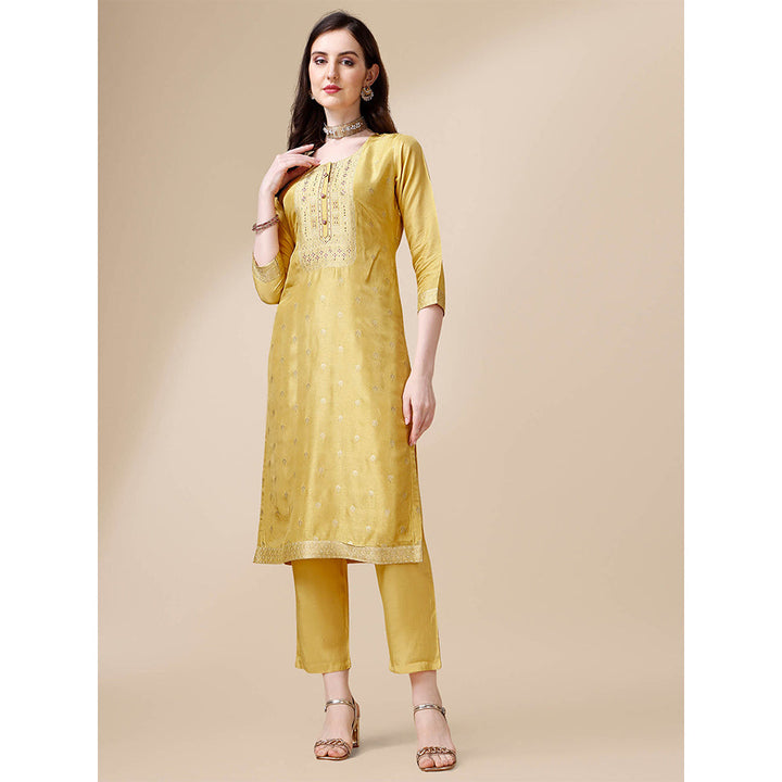 Seerat Yellow Jacquard Silk Straight Kurta with Trousers and Rangkat Dupatta (Set of 3)