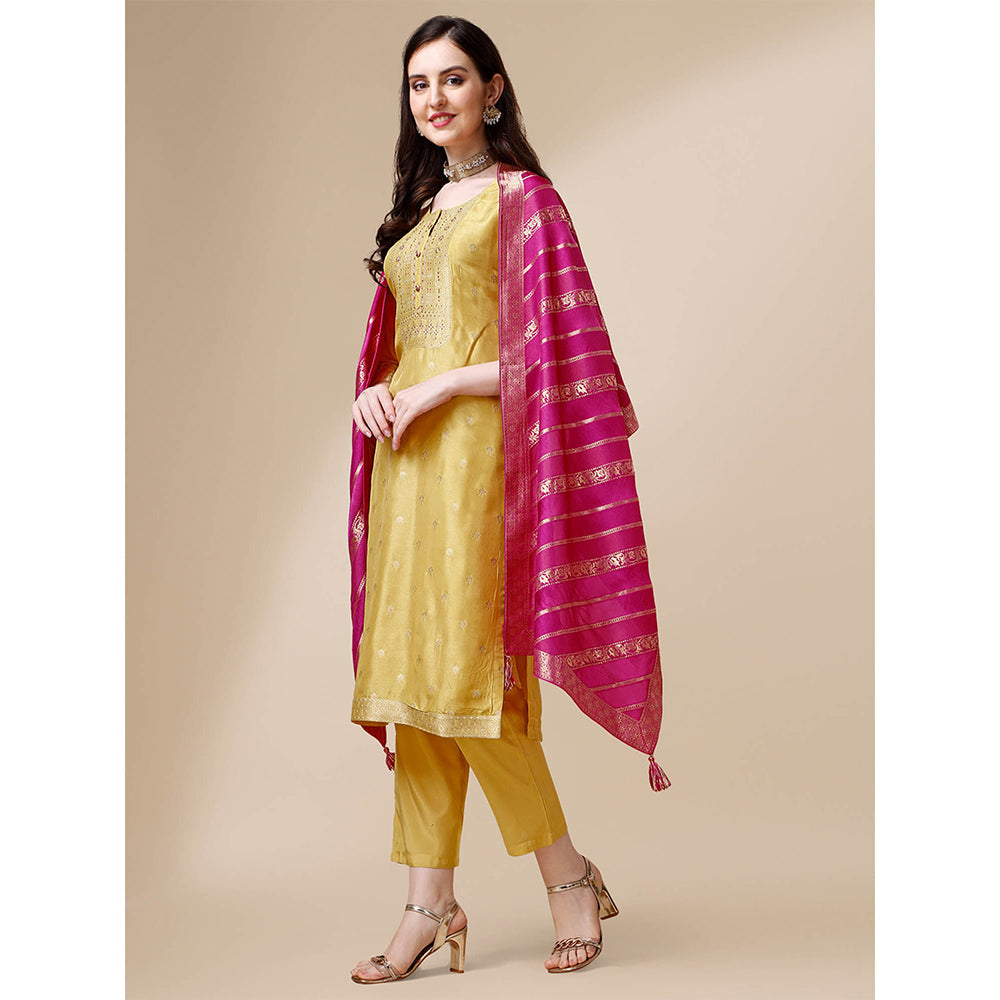 Seerat Yellow Jacquard Silk Straight Kurta with Trousers and Rangkat Dupatta (Set of 3)