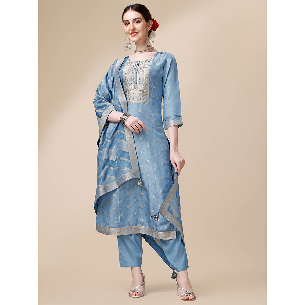 Seerat Blue Jacquard Silk Straight Kurta with Trousers and Rangkat Dupatta (Set of 3)