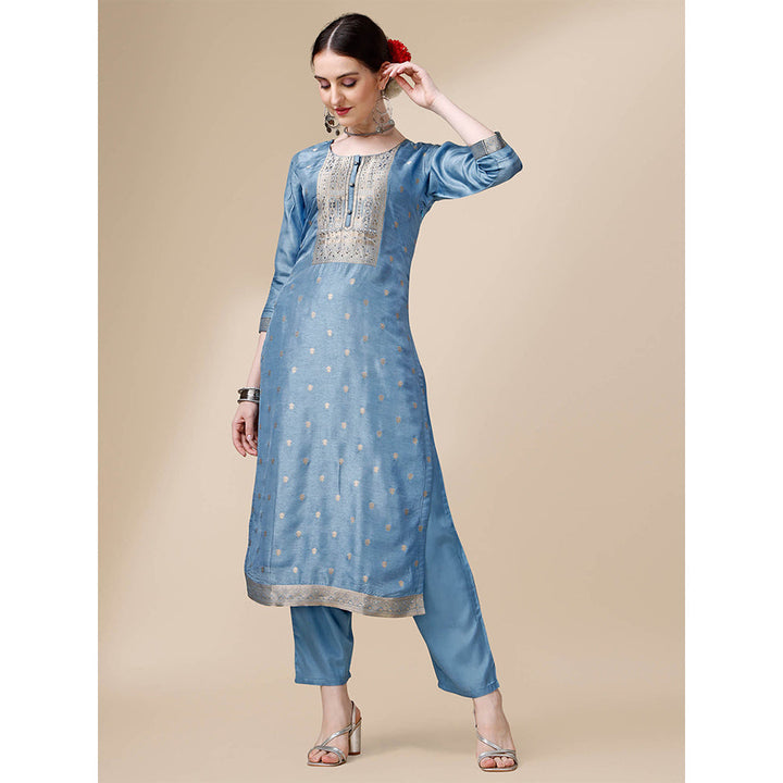 Seerat Blue Jacquard Silk Straight Kurta with Trousers and Rangkat Dupatta (Set of 3)