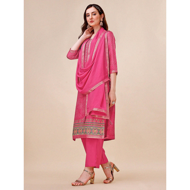 Seerat Rani-Pink Bandhani Printed Jacquard Design Kurta with Trouser and Dupatta (Set of 3)